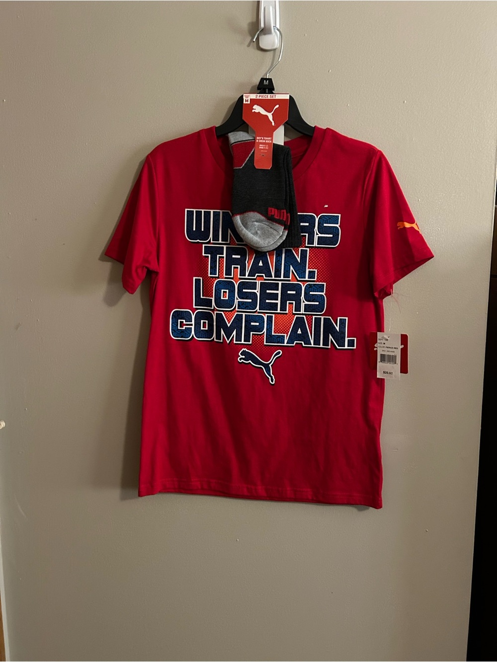 Puma Red Kids Graphic Tee with Navy Text
